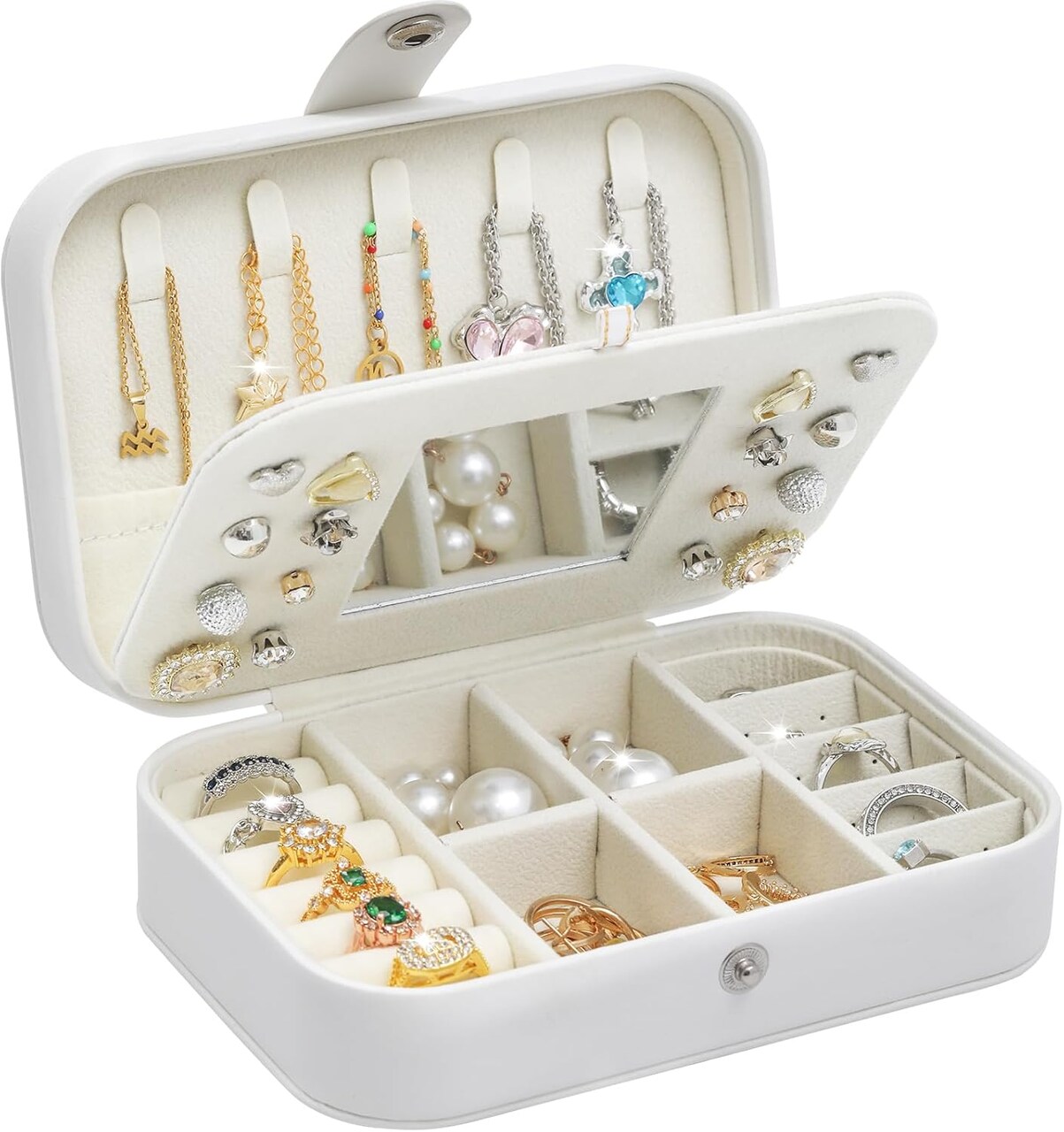 Jewelry Box Small Jewelry Storage with Mirror, White Jewelry Boxes for Women, Portable Mini Travel Jewelry Organizer for Necklaces, Earrings, Rings, Bracelets Christmas Gift for Women